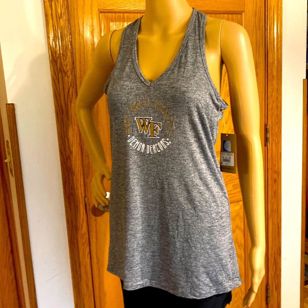 Wake Forest University- heather gray v neck tank with keyhole & crisscross back